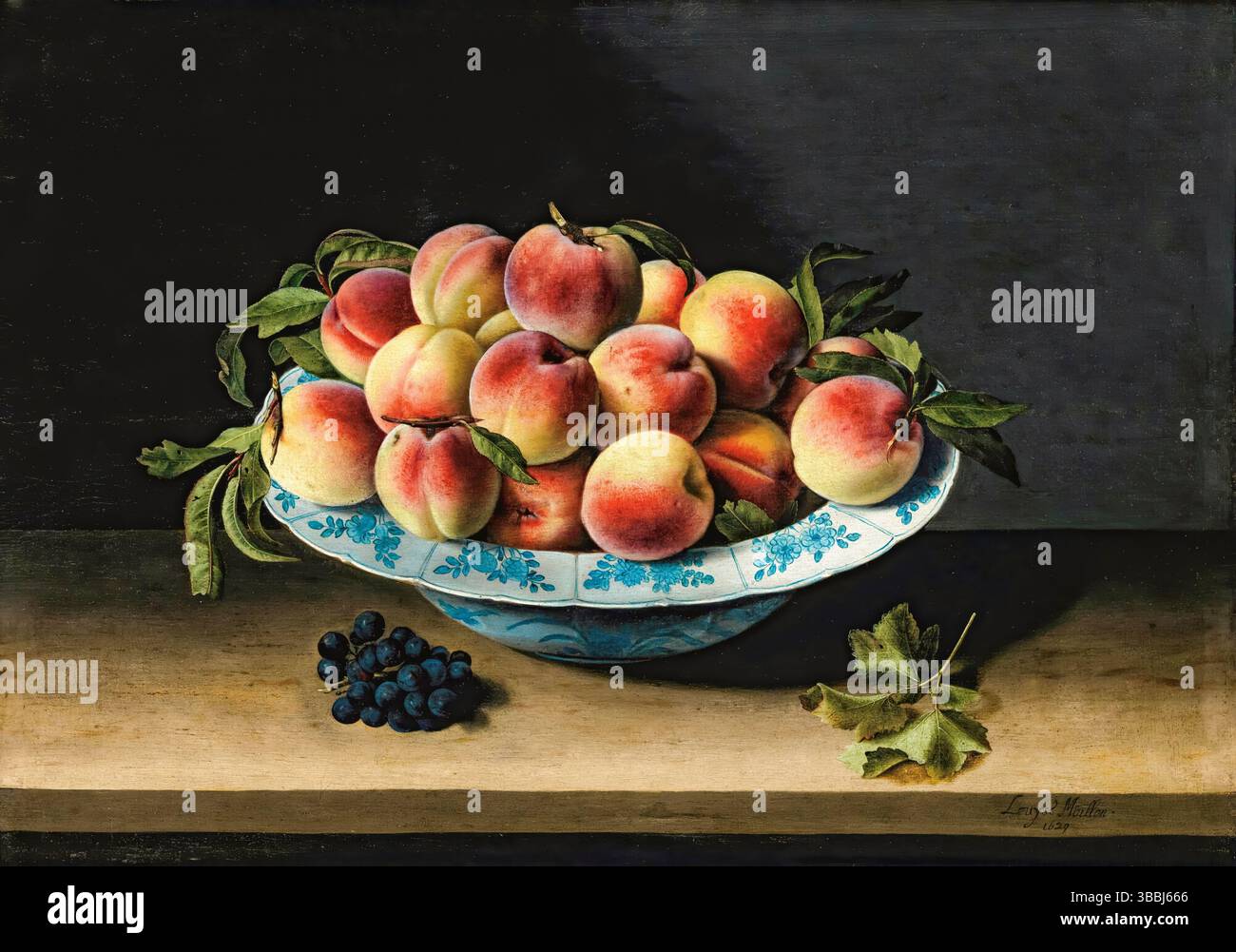 Louise Moillon, Stillleben mit Pfirsichen in einer chinesischen Ming Porzellanschale, Gemälde in Öl auf Platte, 1629 Stockfoto