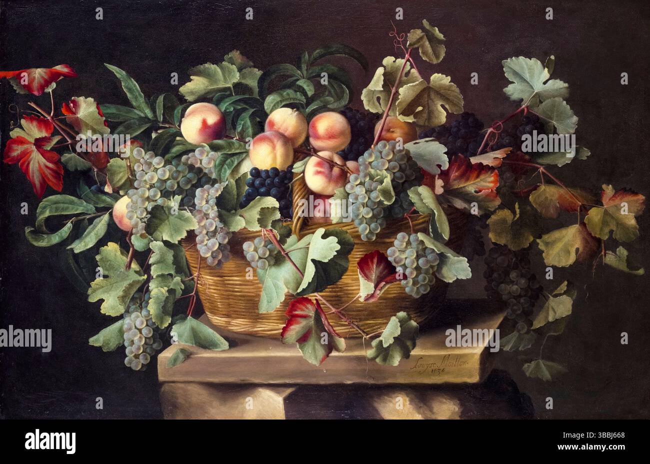 Louise Moillon, Stillleben mit Pfirsichen und Trauben, Ölgemälde auf Leinwand, 1636 Stockfoto