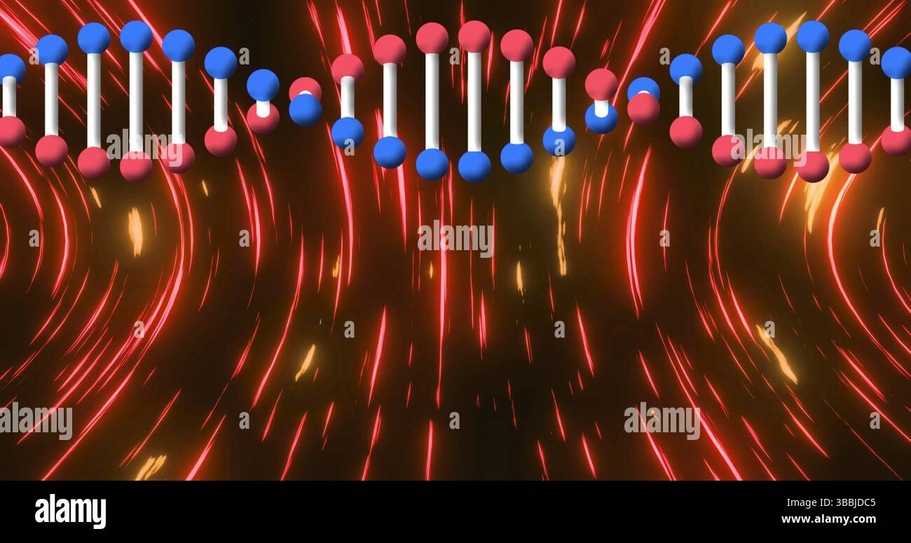Bild des dna-Strangs über roten Spuren Stockfoto