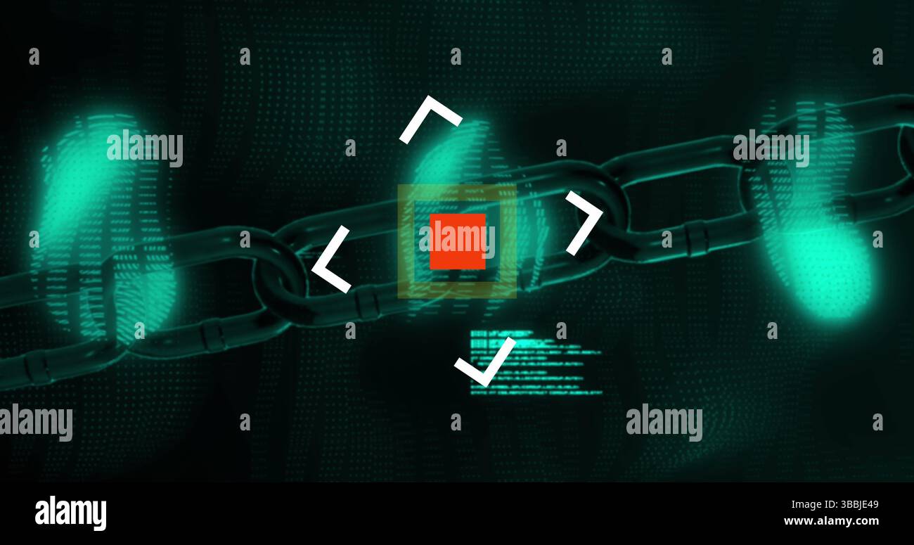 Bild des qr-Codes und der Datenverarbeitung auf schwarzem Hintergrund Stockfoto