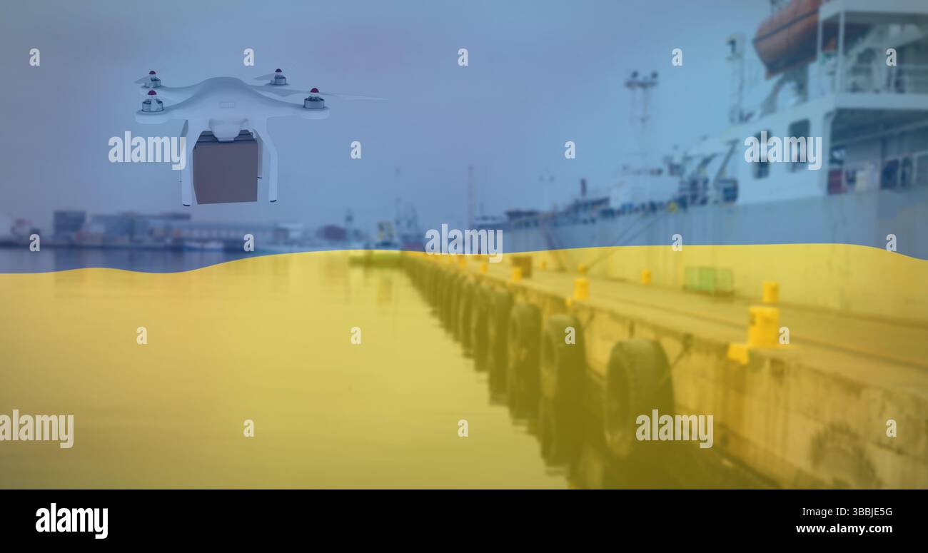 Bild einer Drohne mit Box über der Flagge der ukraine Stockfoto