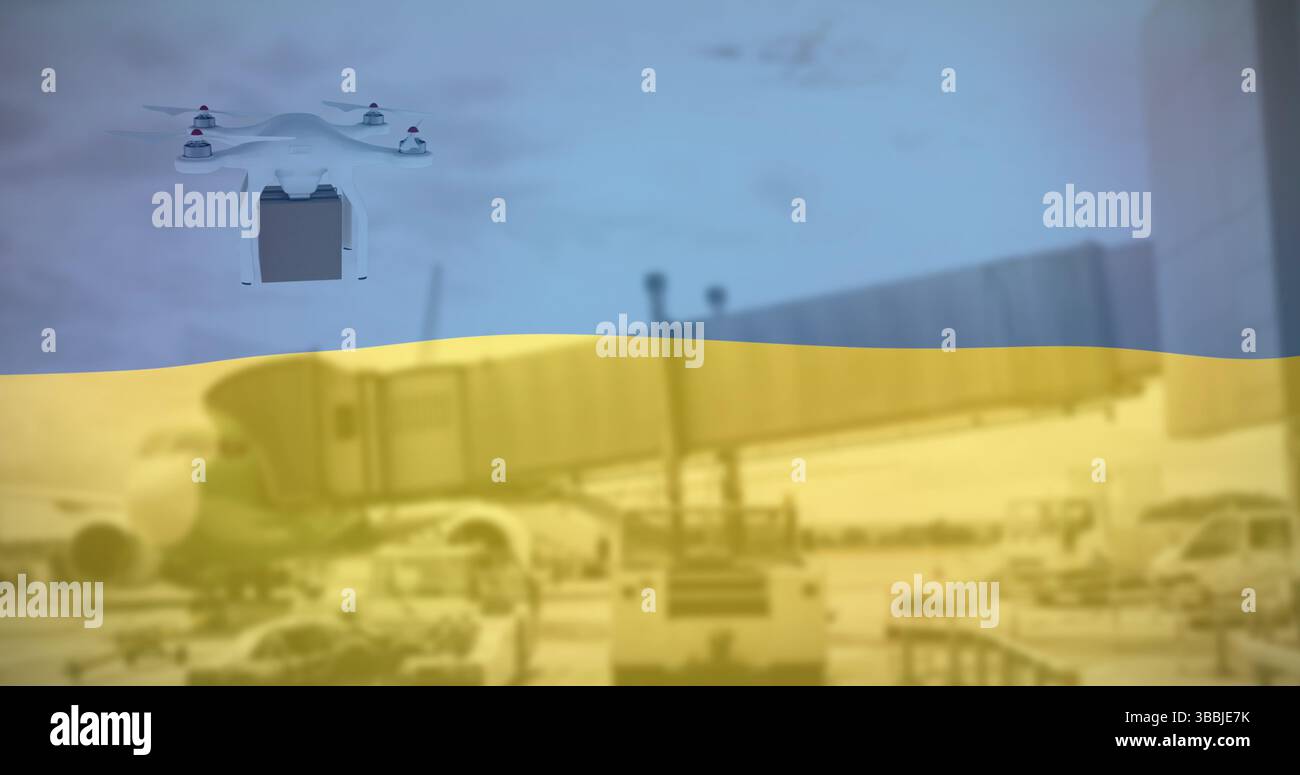 Bild der Drohne über der Flagge der ukraine Stockfoto