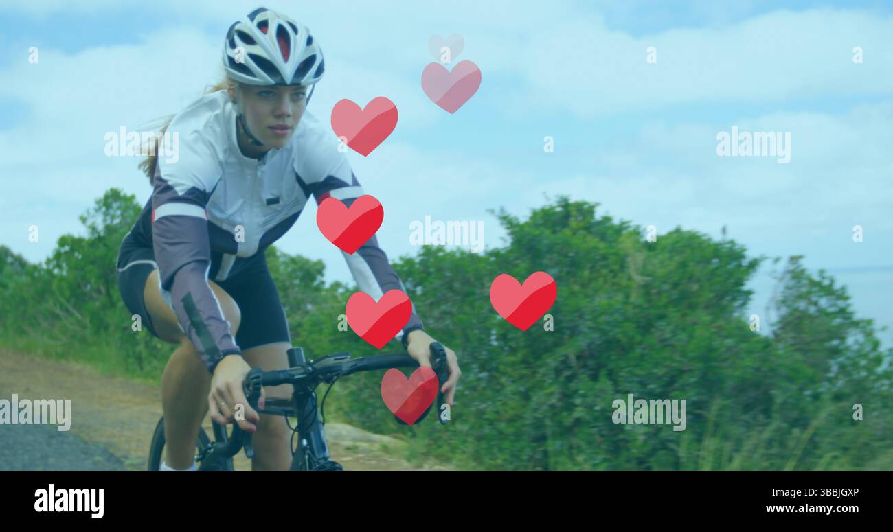 Bild von roten Punkten über dem weihnachtsmann im Schlitten mit Rentieren und Winterlandschaft Stockfoto