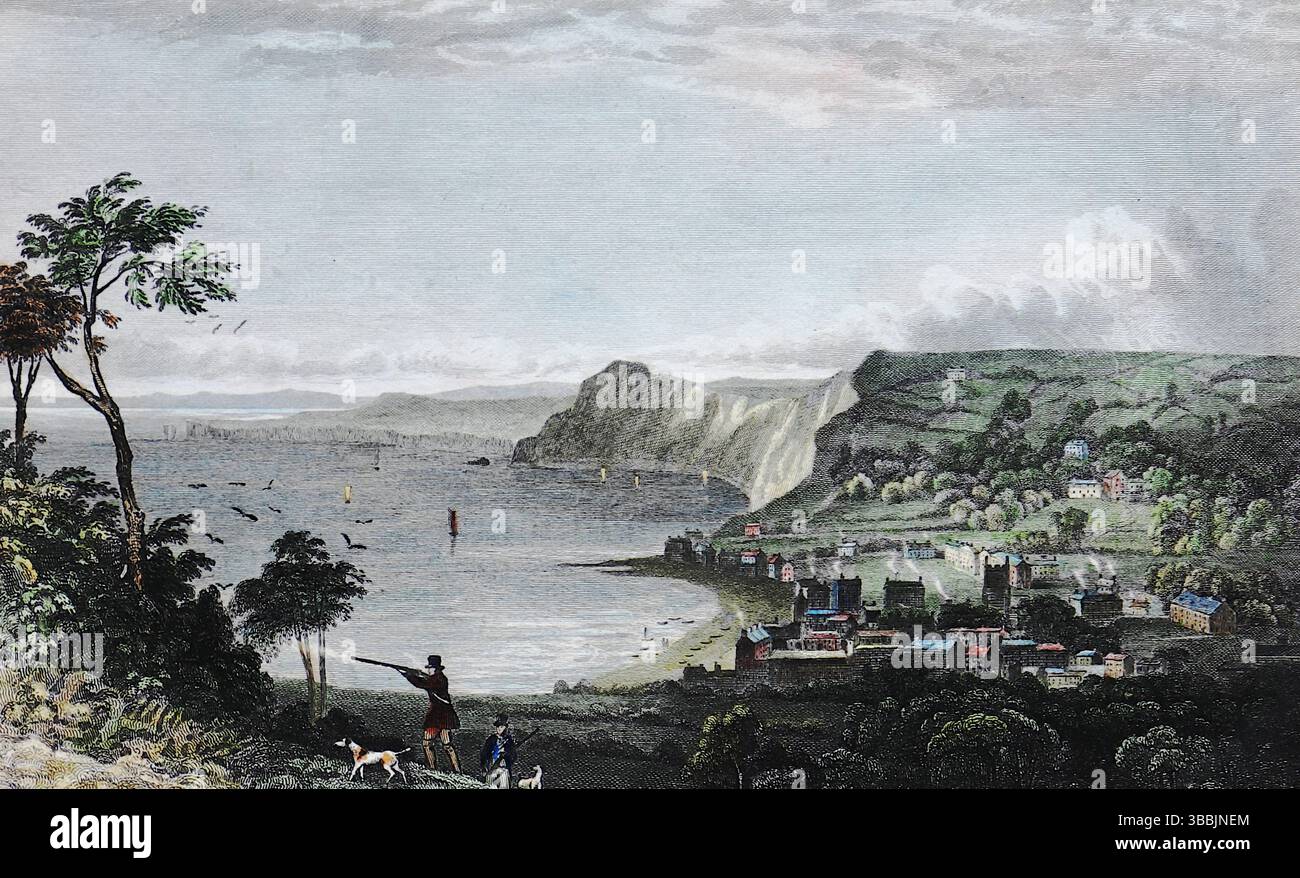 Sidmouth (Devon, England), von den Klippen Richtung Seaton, graviert von P. Heath, um 1850. Nach einer Zeichnung von William Henry Bartlett (1809–1854), einem britischen Künstler, der vor allem für seine Stahlstiche bekannt ist. Er erhielt eine Lehre bei John Britton, einem topographischen Illustrator, und wurde einer der führenden Künstler seiner Generation. Aus einem viktorianischen und edwardianischen Scrapbook, das scheinbar von einer unbenannten Person zusammengestellt wurde. Stockfoto
