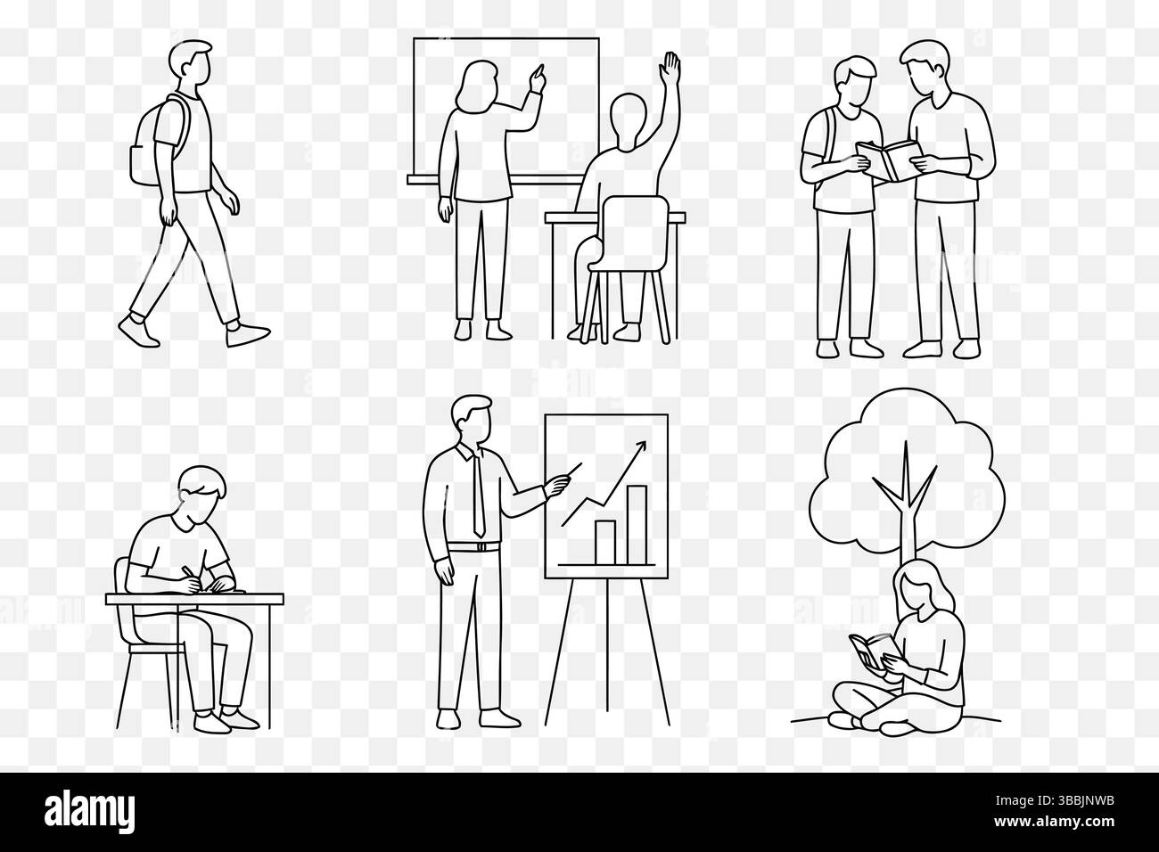 Minimalistische Linienkunst von Schülern und Lehrern in pädagogischen Aktivitäten Stock Vektor