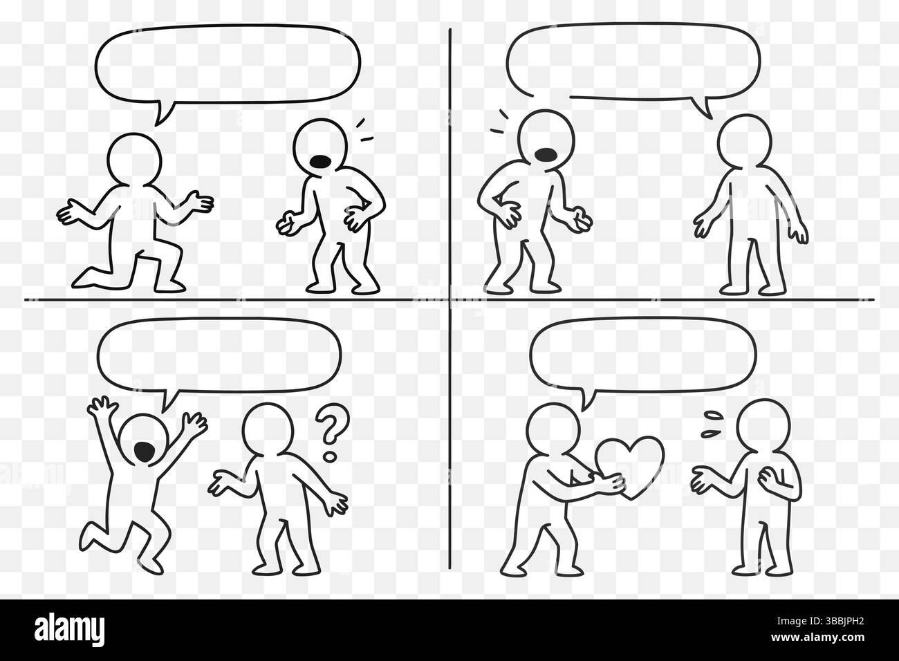 . Editierbarer Doodle Comic Strip – emotionale Dialoge und Reaktionen mit leeren Sprechblasen Stock Vektor
