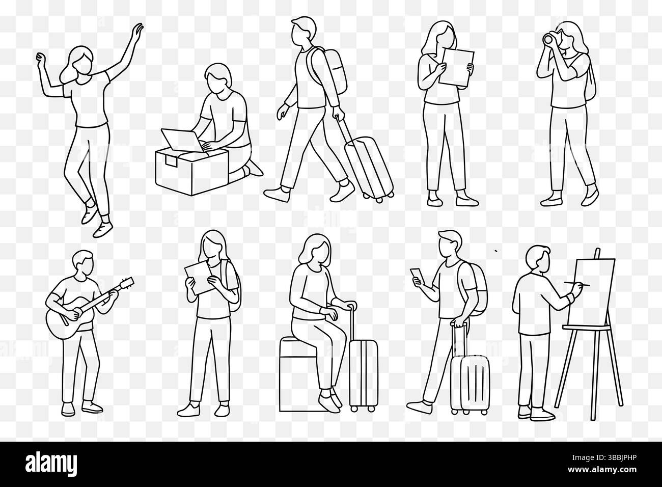 Moderne Reise- Und Kreativaktivitäten Minimalistisches Strichkunst-Illustrationsset Stock Vektor