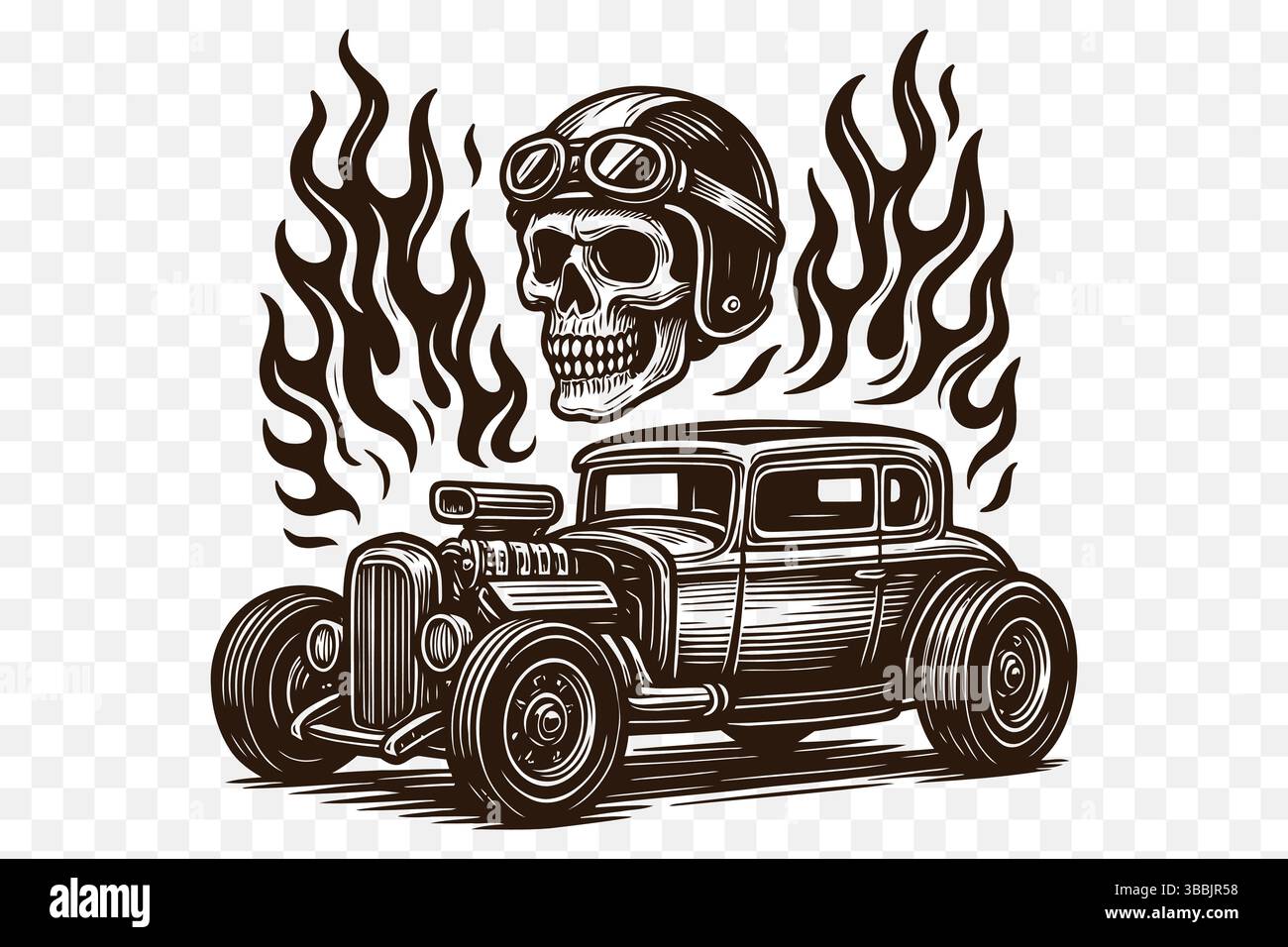 Vintage Skull and Hot Rod Car Illustration mit Flammen – Retro Tattoo Style Stock Vektor