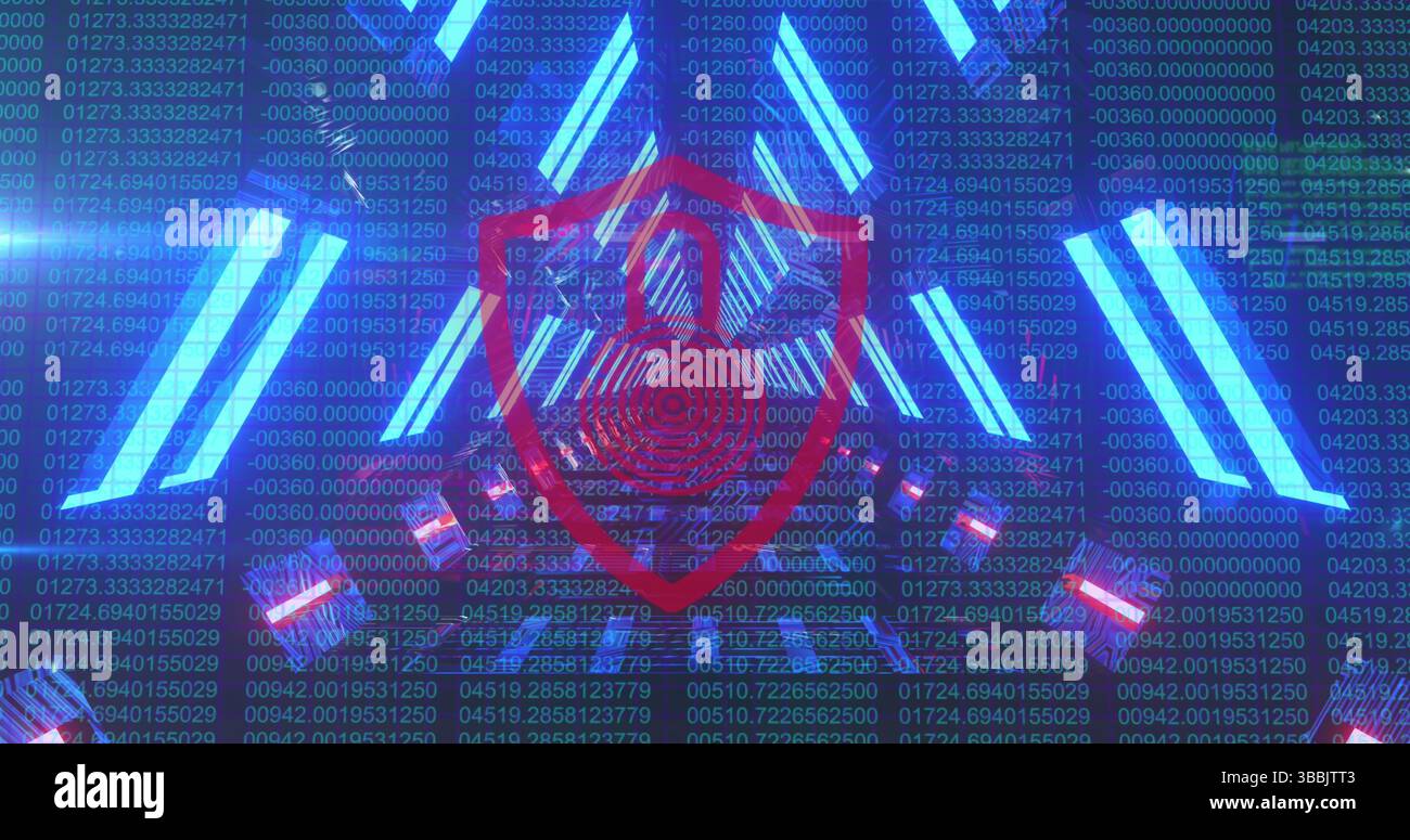 Sicherheitsvorhängeschloss über Schild-Symbol gegen leuchtenden Tunnel und Datenverarbeitung mit binärer Codierung Stockfoto