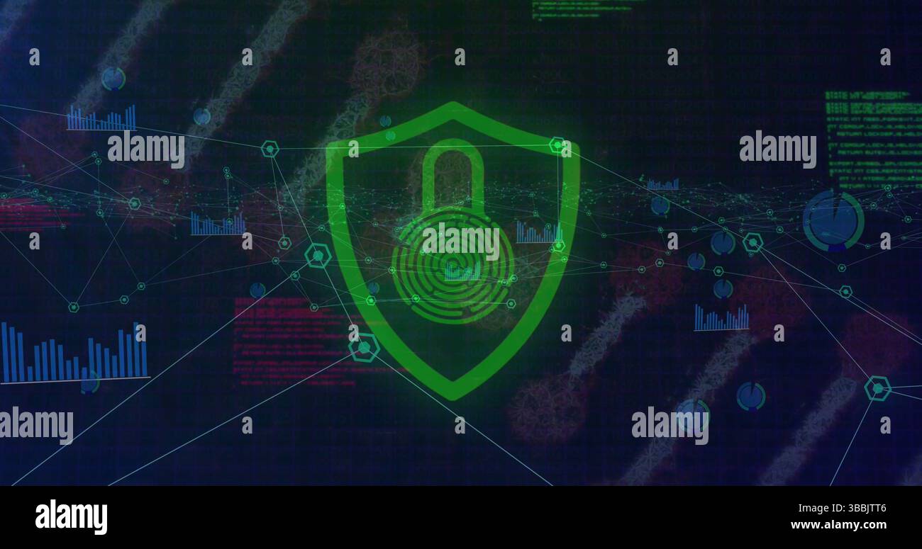 Sicherheitsvorhängeschloss über Schutzsymbol gegen Netzwerk von digitalen Symbolen und Datenverarbeitung Stockfoto
