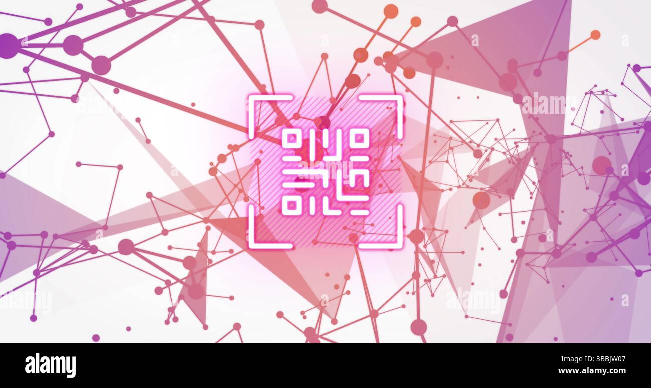 Bild des qr-Codes über Verbindungen und Formen auf weißem Hintergrund Stockfoto
