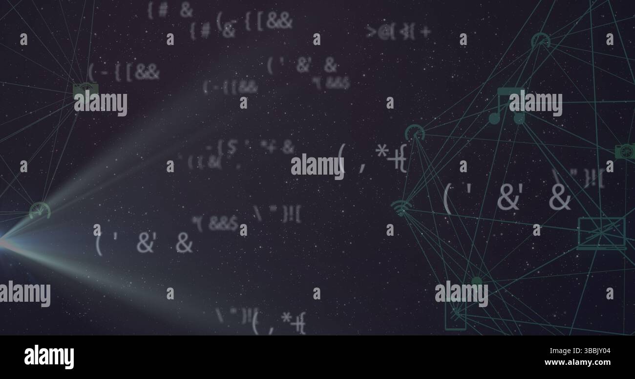 Mehrere sich ändernde mathematische Symbole und Globen digitaler Symbole, die sich vor blauem Hintergrund drehen Stockfoto