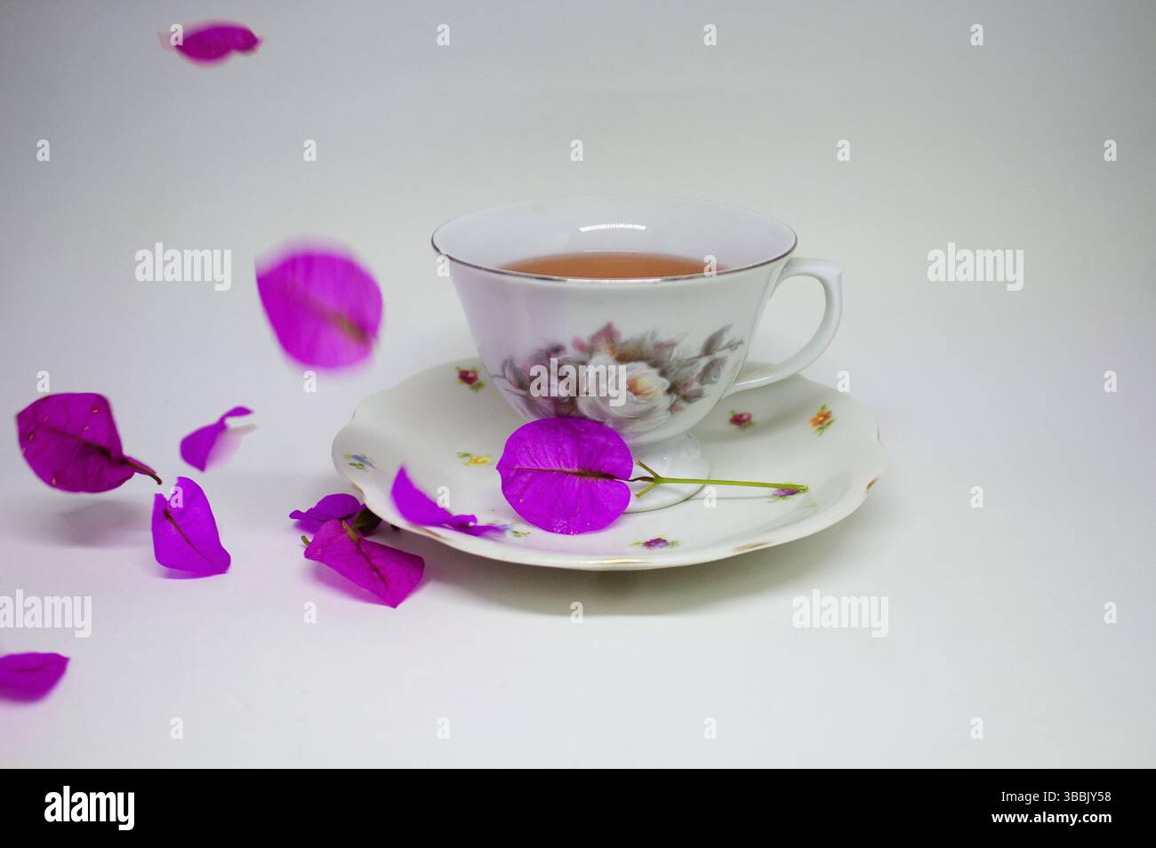 Vintage Porzellan Teetasse unter fallenden Blütenblättern Stockfoto