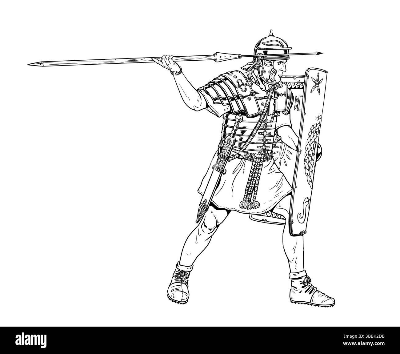 Römischer Legionär greift mit Pilum an. Historische Zeichnung. Stockfoto