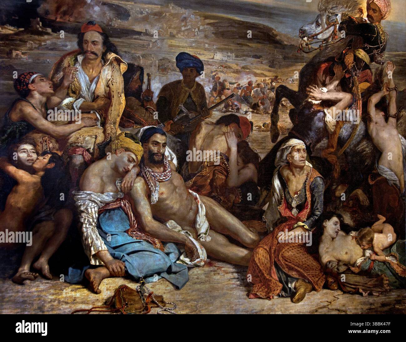 Das Massaker in Chios - Scène des Massacres de SCIO 1824 von Eugene Delacroix 1783-1863 France, French, Louvre Paris, Fine Art Museum, France, Museum Louvre . [ Das Werk ist mehr als vier Meter hoch und zeigt einige der Schrecken der Kriegszerstörung, die auf der nördlichen Ägäischen Insel Chios im Jahr 1822 während des Massakers von Chios besucht wurde. Eine friesartige Darstellung von leidenden Charakteren, Militärmacht, verzierten und bunten Kostümen, Terror, Krankheit und Tod wird vor einer Szene weit verbreiteter Verwüstung gezeigt ] Stockfoto