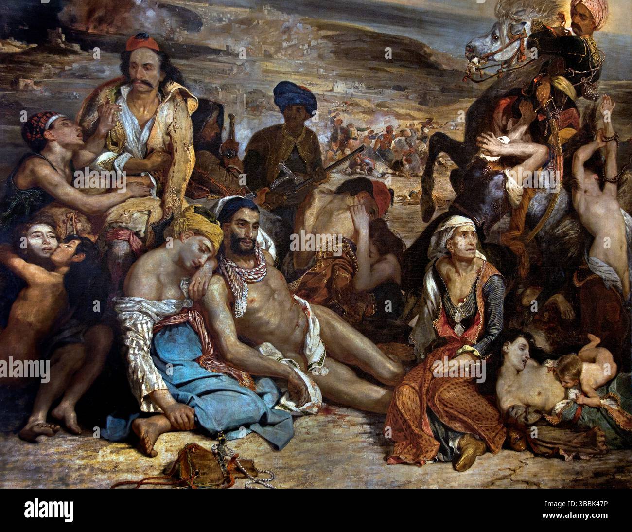 Das Massaker in Chios - Scène des Massacres de SCIO 1824 von Eugene Delacroix 1783-1863 France, French, Louvre Paris, Fine Art Museum, France, Museum Louvre . [ Das Werk ist mehr als vier Meter hoch und zeigt einige der Schrecken der Kriegszerstörung, die auf der nördlichen Ägäischen Insel Chios im Jahr 1822 während des Massakers von Chios besucht wurde. Eine friesartige Darstellung von leidenden Charakteren, Militärmacht, verzierten und bunten Kostümen, Terror, Krankheit und Tod wird vor einer Szene weit verbreiteter Verwüstung gezeigt ] Stockfoto
