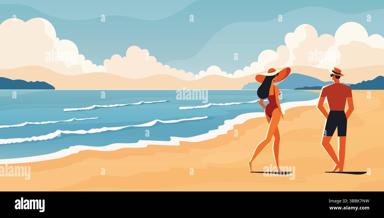Paar auf Sommer tropischer Strand flache Vektorillustration mit Ozean Sand und Wolken. Stock Vektor