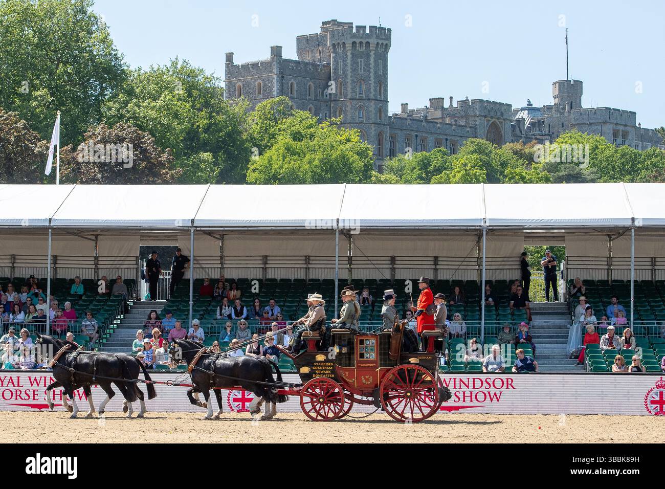 Windsor, Berkshire, Großbritannien. Mai 2025. Die schönen Pferde beim Coaching Marathon bei der Royal Windsor Horse Show. Die alten Kutschen werden von vier Pferden gezogen, und Passagiere sitzen heute in eleganten Outfits auf der Spitze, während sie durch den Windsor Great Park fuhren. Quelle: Maureen McLean/Alamy Live News Stockfoto