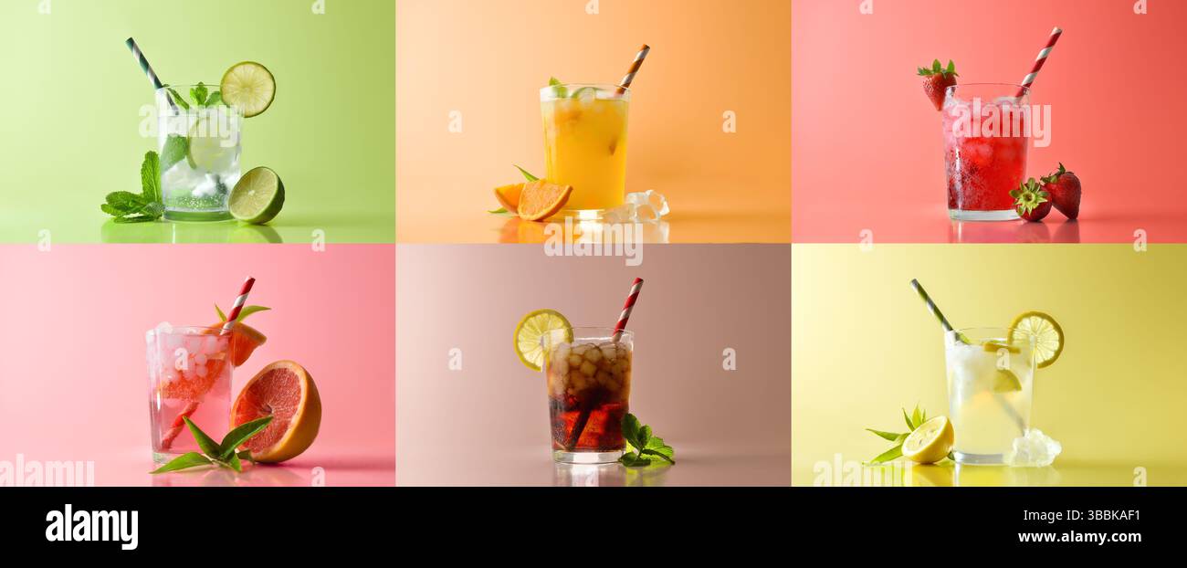 Sammlung erfrischender Getränke mit Eis in einem Glasbecher, dekoriert mit Scheiben und Strohhalmen mit Zutaten und Blättern rund um die herum mit bunten isolierten bäumen Stockfoto