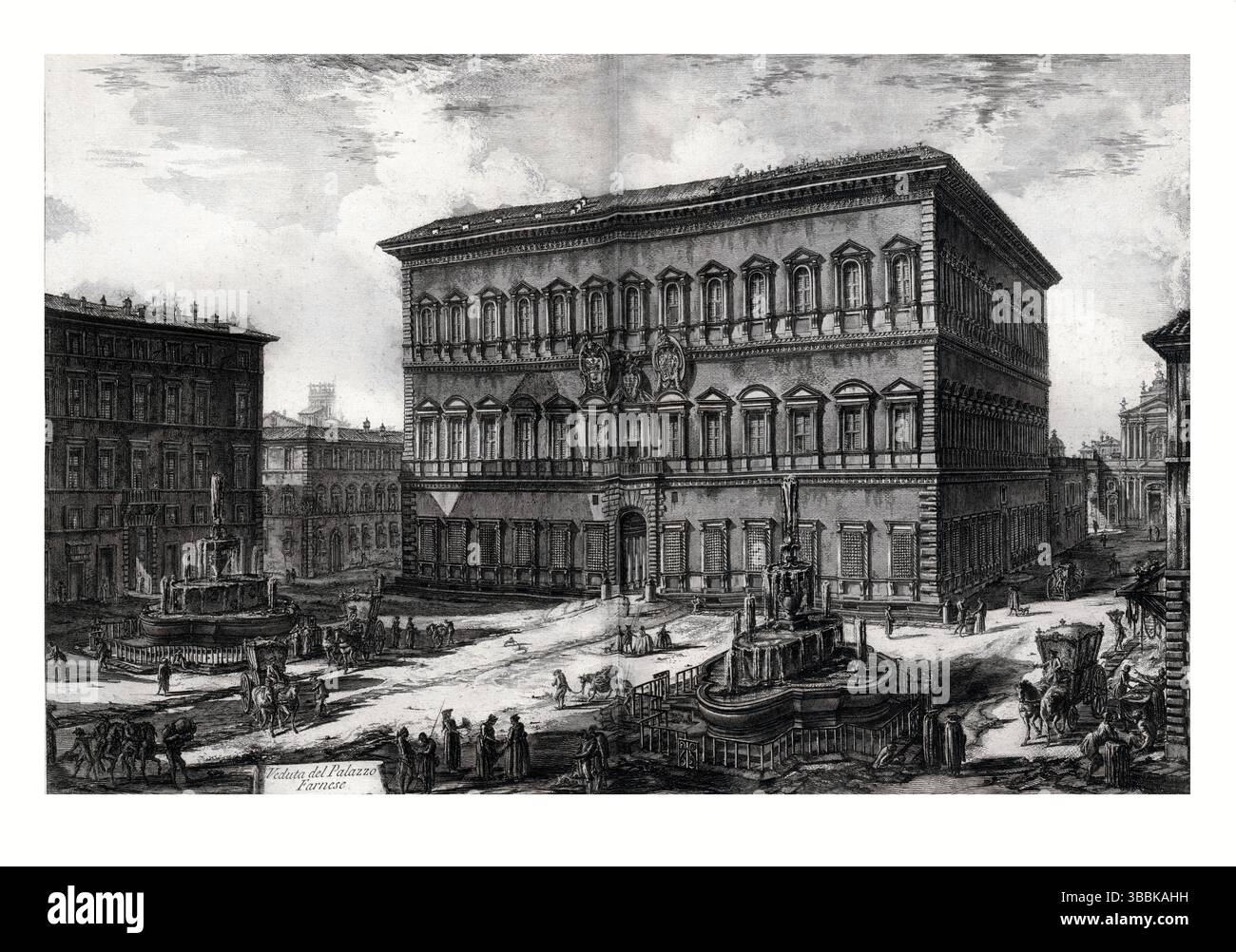 Detaillierter Kupferstich des Palazzo Farnese aus dem 18. Jahrhundert in Rom, der die Renaissance-Architektur, die historische Bedeutung und die Pracht als Edelmann hervorhebt Stockfoto