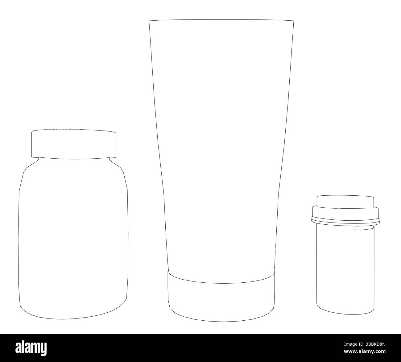 Drei Behälter und ein Glas sind auf weißem Hintergrund dargestellt. Die Behälter haben verschiedene Formen und Größen, und das Glas ist hoch und schmal. Konz Stock Vektor