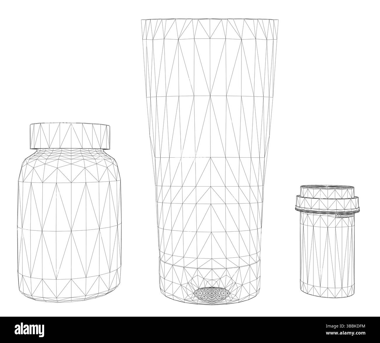 Drei Behälter und ein Glas sind auf weißem Hintergrund dargestellt. Die Behälter haben verschiedene Formen und Größen, und das Glas ist hoch und schmal. Konz Stock Vektor