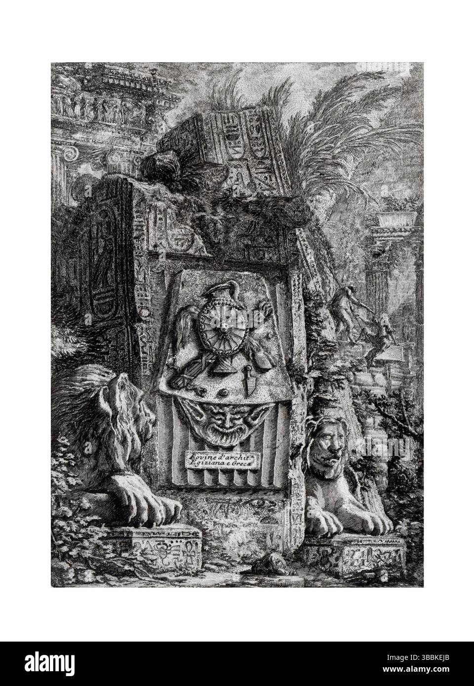 Detaillierte Gravur, die Ruinen der antiken ägyptischen Tempel und der griechischen klassischen Architektur darstellt, veranschaulicht das kulturelle Erbe und archäologische sehenswürdigkeiten Stockfoto