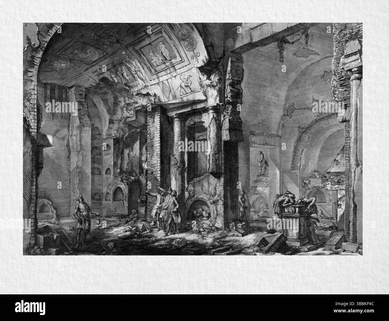 Detaillierte Gravur mit Innenraum der Grabkammer von L. Arruntius, die römische Grabkunst und architektonische Elemente hervorhebt, um das 18. Jahrhundert Stockfoto