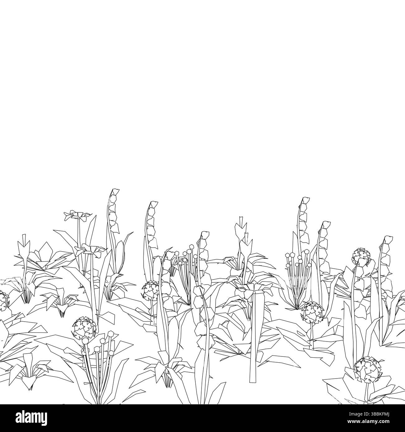 Ein Blumenfeld mit weißem Hintergrund. Die Blüten haben verschiedene Größen und sind über das Feld verteilt. Das Konzept von Ruhe und Schönheit, wie es ist Stock Vektor