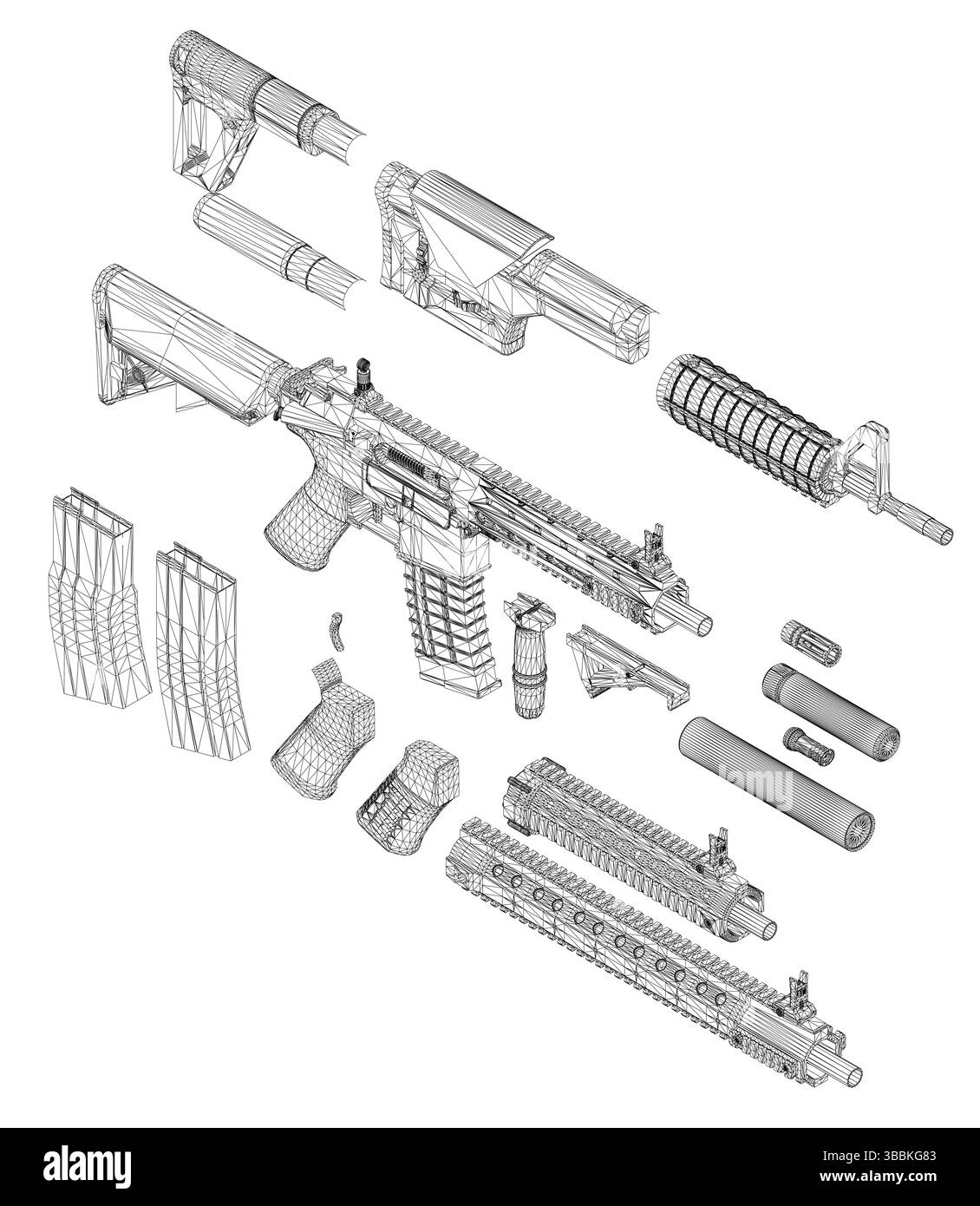 Eine Nahaufnahme einer Pistole, bei der das Rohr und das Magazin entfernt wurden. Die Waffe ist ein Gewehr. Das Bild ist Schwarzweiß. Isometrische Ansicht. 3D Stock Vektor