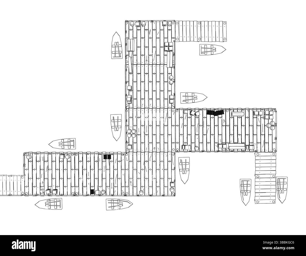 Eine Zeichnung eines langen hölzernen Docks mit einem Boot in der Mitte. Das Boot ist von anderen Booten umgeben und die Struktur besteht aus Holz Stock Vektor