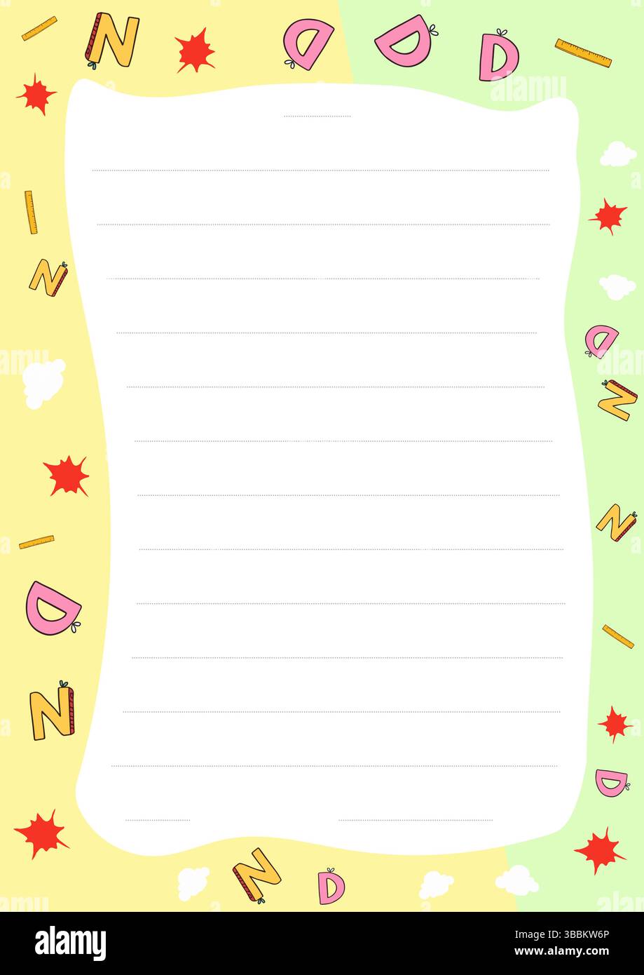 Niedliches Papier in Pastellfarben mit Buchstaben und verspielten Kritzeleien, perfekt für Notizen oder Bastelprojekte für Kinder Stock Vektor