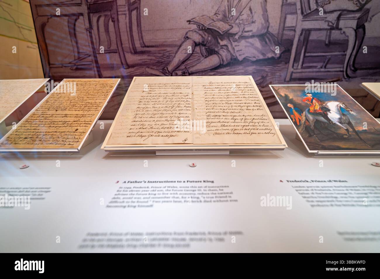 WASHINGTON DC – die Ausstellung „Two Georges“ im Thomas Jefferson Building der Library of Congress zeigt seltene Dokumente, die das parallele Leben von George Washington und König George III. Hervorheben. Zu den ausgestellten Gegenständen gehören Washingtons handgeschriebene Kopie von „Rules of Civility“ aus dem Jahr 1747, Augustine Washingtons Testament 1743, das versklavte Menschen seinem Sohn vermacht, und Anweisungen, die 1749 von Friedrich, Prince of Wales, an den zukünftigen George III. geschrieben wurden. die Ausstellung stellt gemeinsame Mythen über beide Führer heraus, indem sie Originalmanuskripte zeigt, die ihre formativen Einflüsse offenbaren, gemeinsame Interessen i Stockfoto