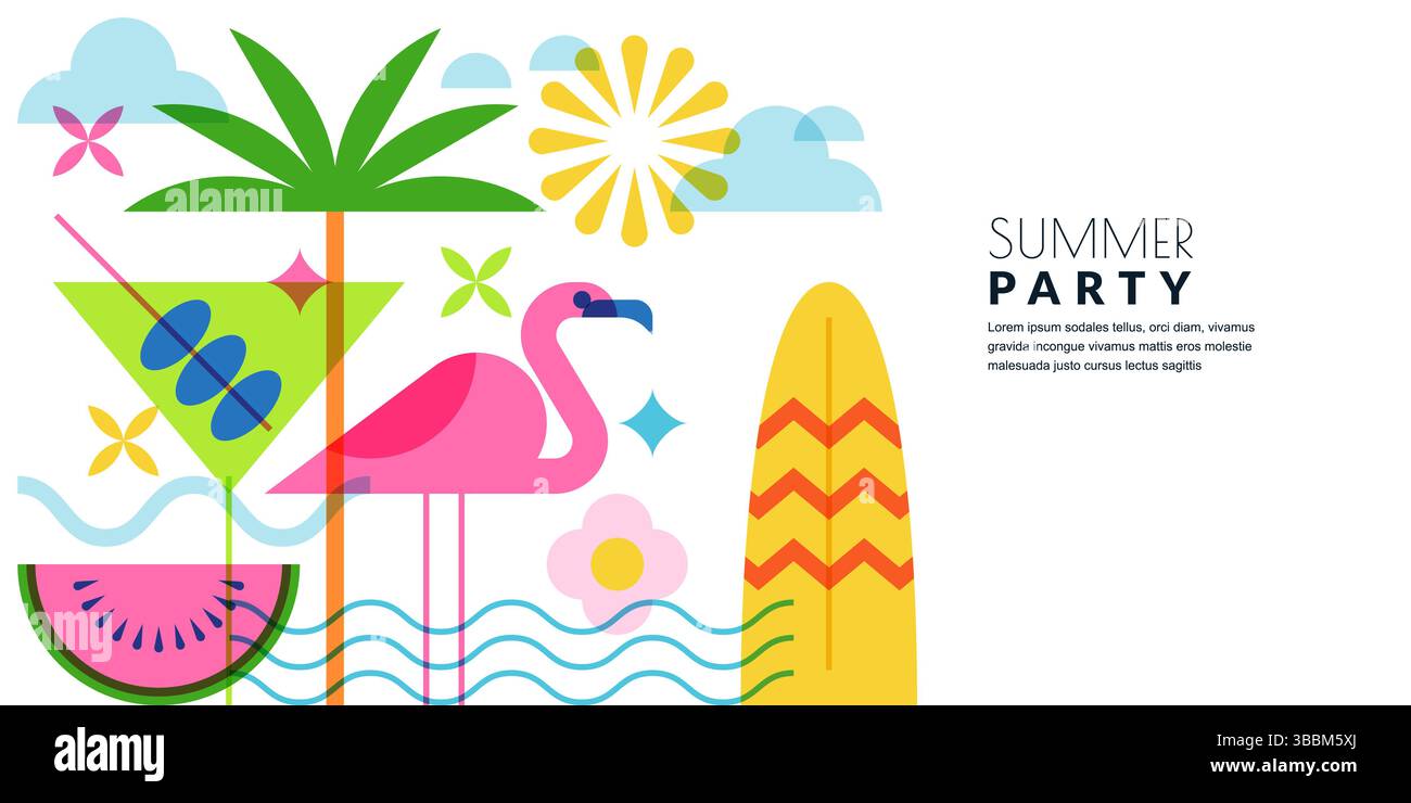Geometrischer weißer Hintergrund des Sommers mit Palme, Flamingo, Cocktail, Wassermelone. Illustration der Vektorabwicklung. Horizontales Strandparty-Banner, Poster, Flyer, ich Stock Vektor