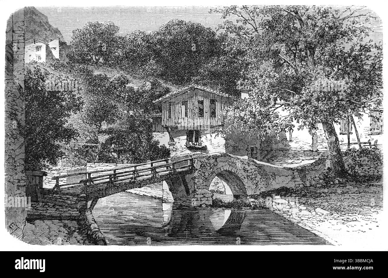 Pont Saint-Jean, Saint-Jean-Brücke, alte oder historische Steinbrücke über die Durolle in Thiers Puy-de-Dome Auvergne Frankreich. Vintage oder historische Illustration oder Gravur 1866 Stockfoto