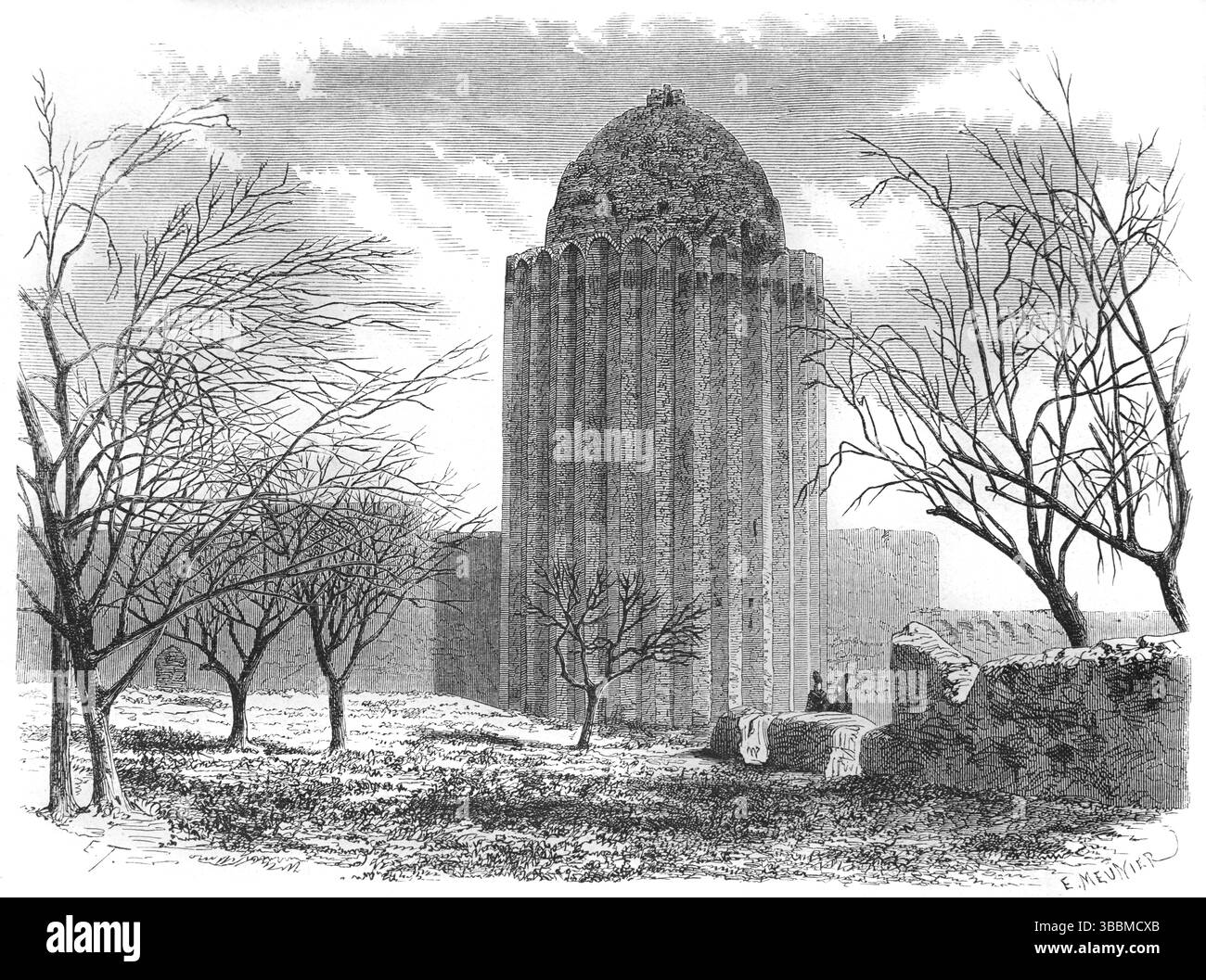 Kashaneh Tower, ein Turm aus dem 14. Jahrhundert südöstlich der Jama-Moschee in Bastam, Provinz Semnan, Iran. Vintage oder historische Gravur oder Illustration 1866 Stockfoto