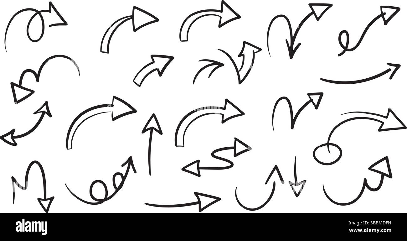 Vielseitige, gekrümmte Pfeile, handgezeichnete Zeigersymbole für Navigation und Grafiken Stock Vektor