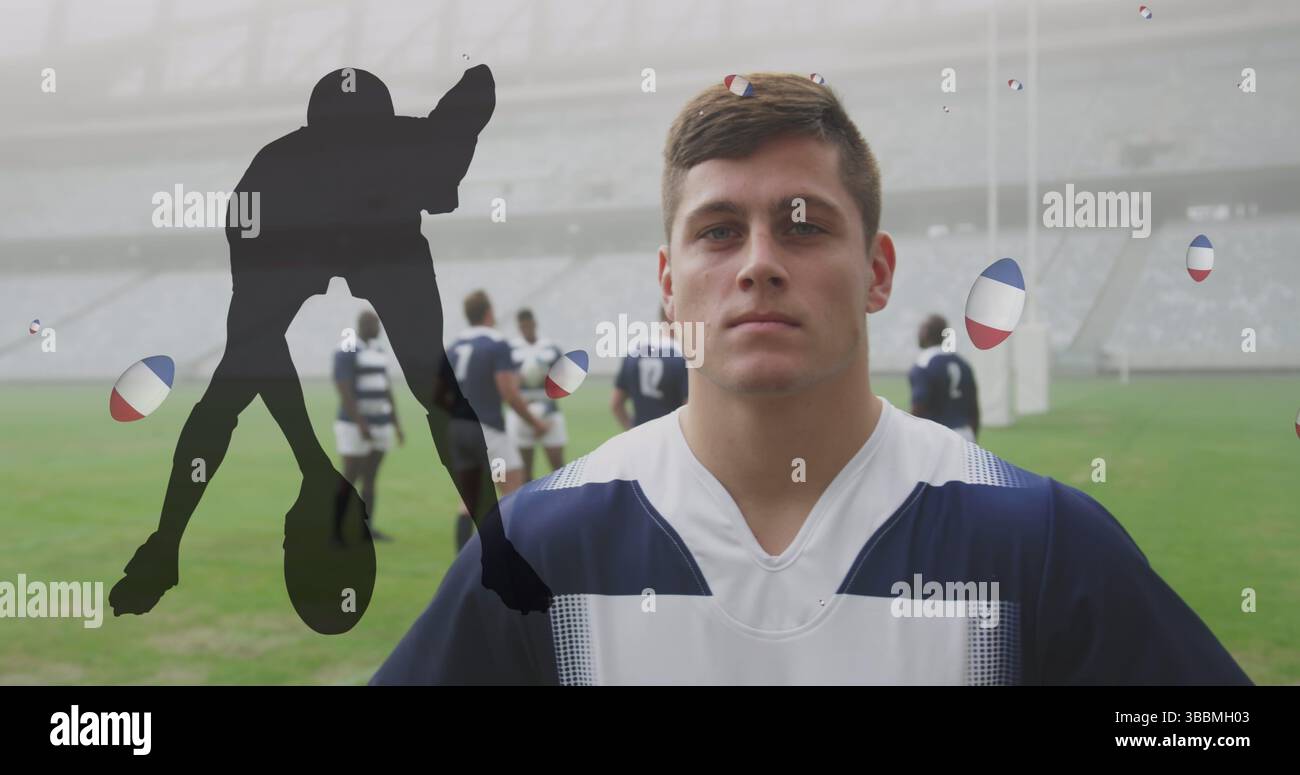 Bild von Fußballbälle mit Fahnen frankreichs, die über den männlichen kaukasier fallen Stockfoto