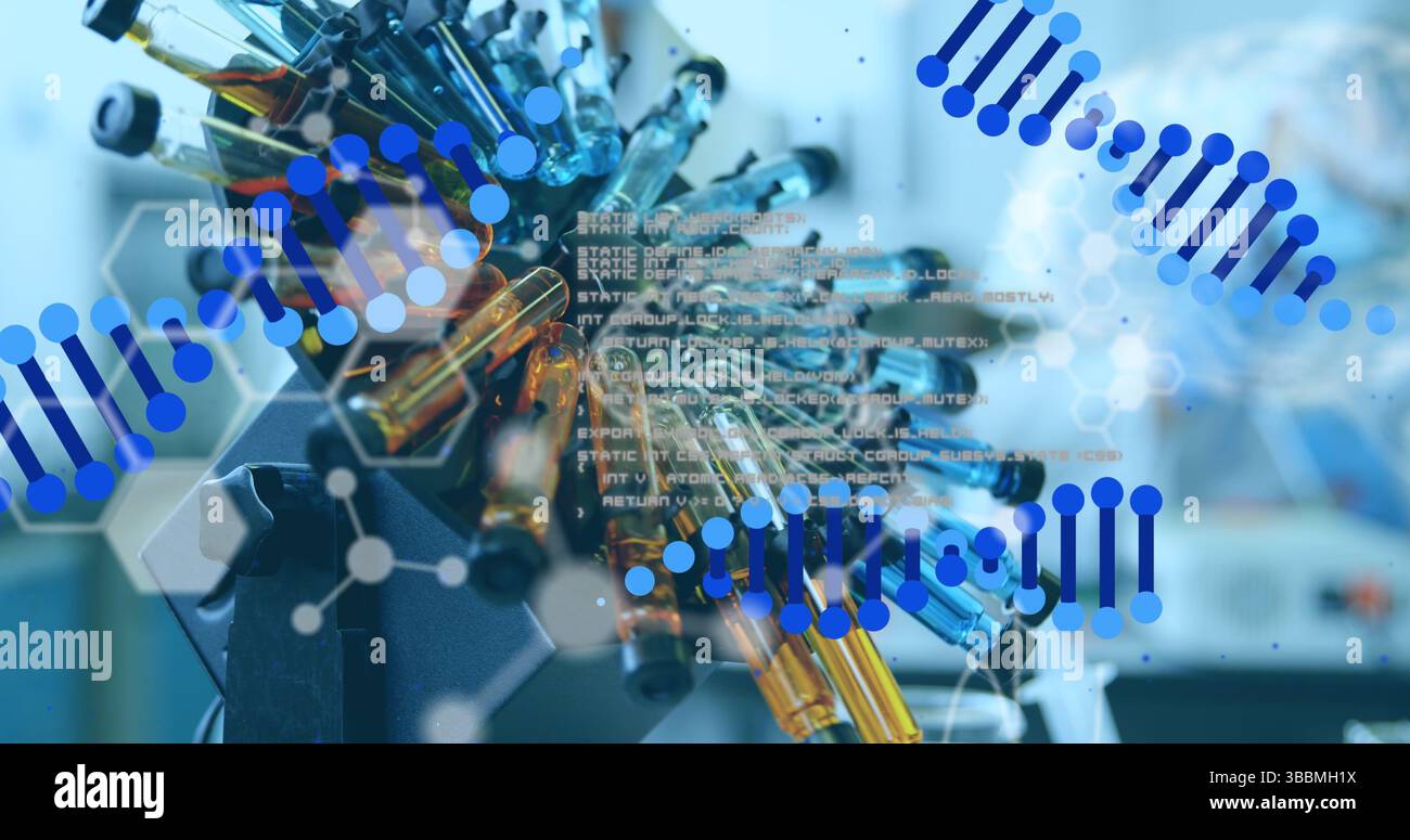 Mehrere dna-Strukturen, die sich gegen mehrere Reagenzgläser im Zentrifugenspinnen im Labor drehen Stockfoto