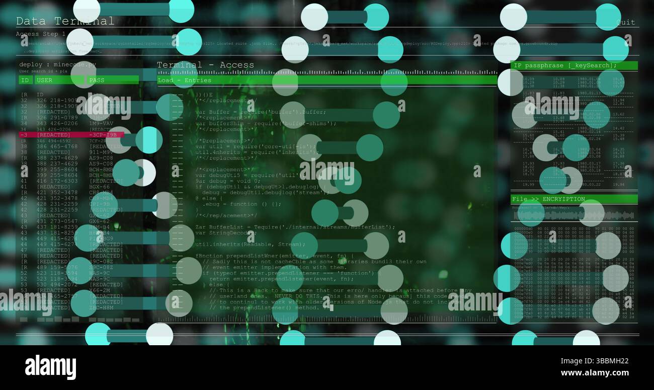 Abbildung des dna-Strangs über dem Serverraum Stockfoto