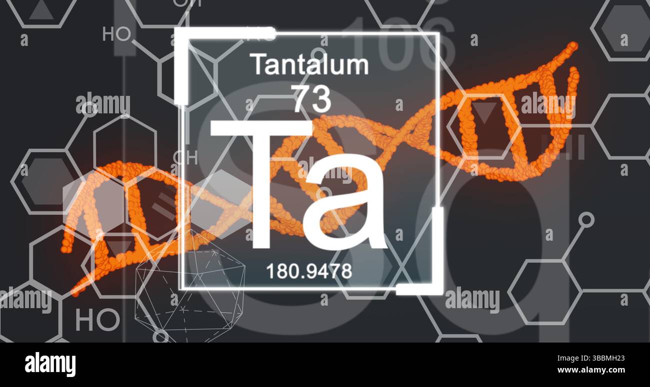 Abbildung von Elementen über dna und chemischen Formeln auf grauem Hintergrund Stockfoto