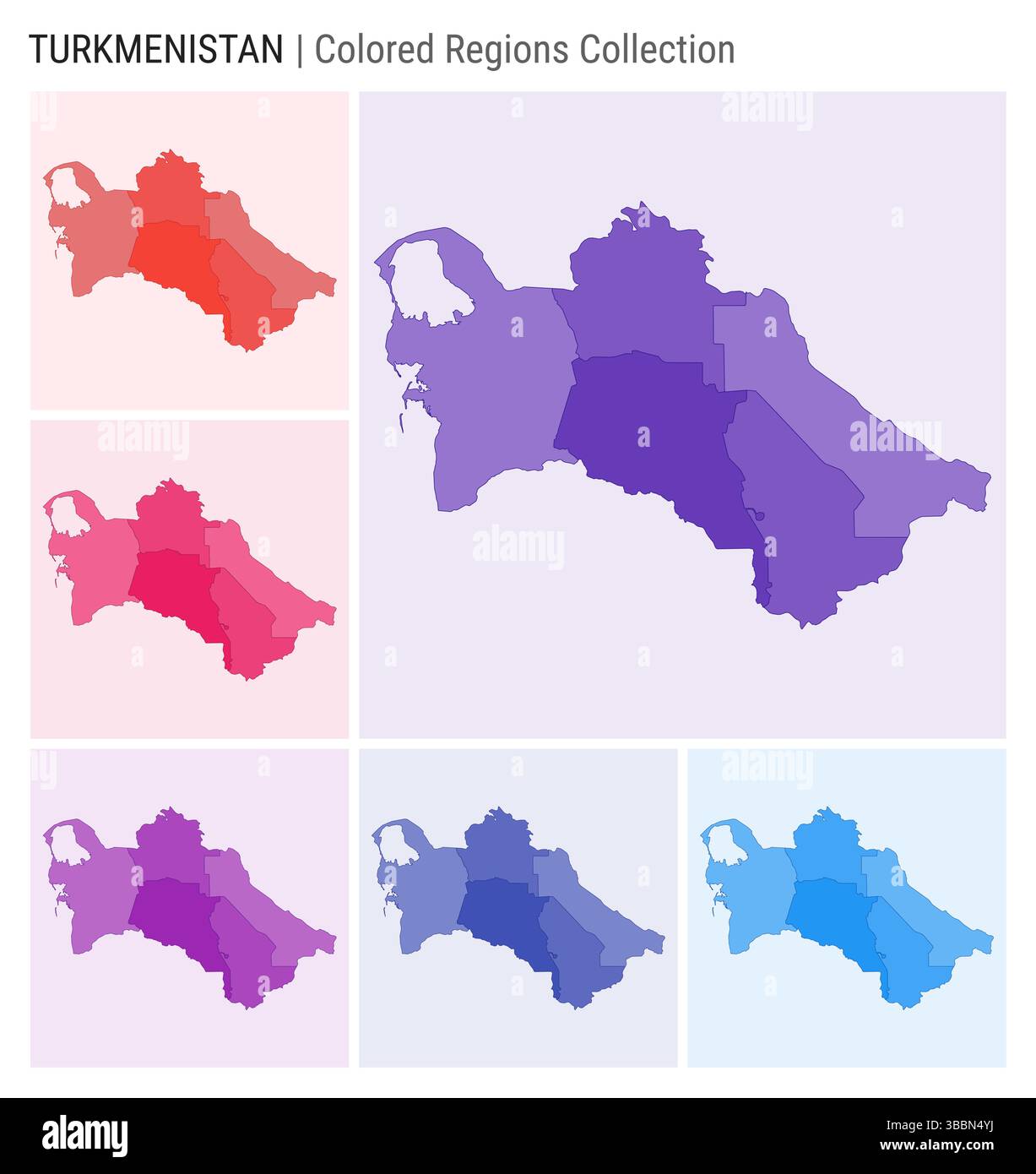 Kartensammlung Turkmenistan. Länderform mit farbigen Regionen. Dunkelviolett, Rot, Rosa, Lila, Indigo, blaue Farbpaletten. Stock Vektor