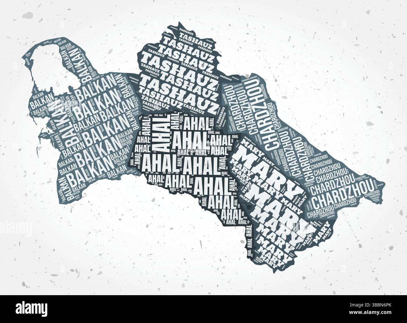 Turkmenistan Regionen Wortwolken. Länderform auf strukturiertem Hintergrund. Turkmenistan-Design im typografischen Stil. Kreative Vektorillustration. Stock Vektor