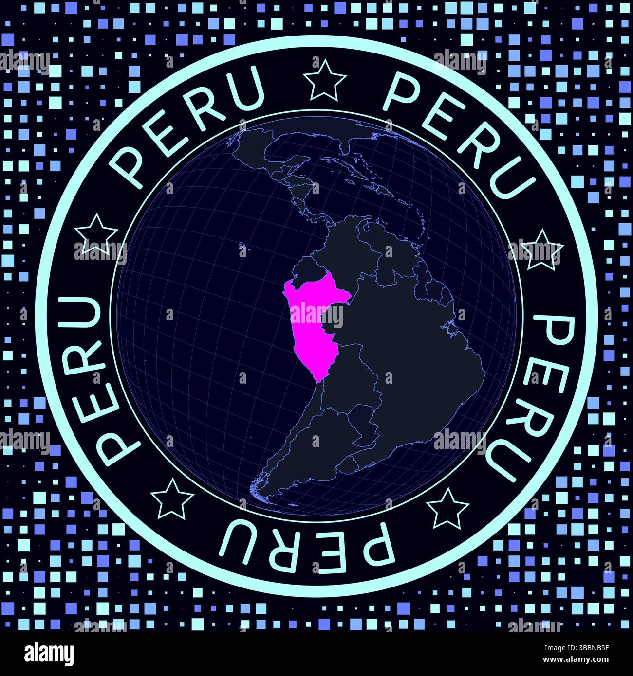 Peru auf Globus-Vektor. Futuristische Satellitenansicht der Welt mit Schwerpunkt Peru. Geografische Abbildung mit Landesform und quadratischem Hintergrund. Stock Vektor
