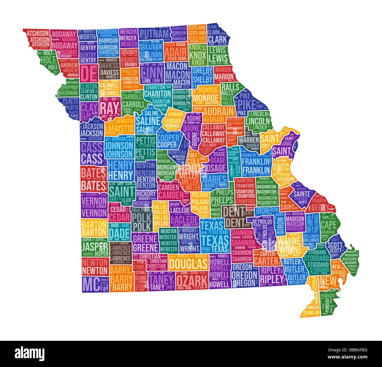 Missouri-Form. State Word Cloud mit Bezirksabteilung. Missouri farbige Illustration. County Names Cloud. Vektorabbildung. Stock Vektor