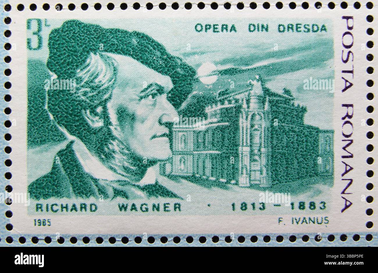 ISTANBUL, TÜRKEI - 03. JANUAR 2021: Rumänische Briefmarke zeigt Europäisches Musikjahr, Oper Dresden, Wagner um 1984 Stockfoto