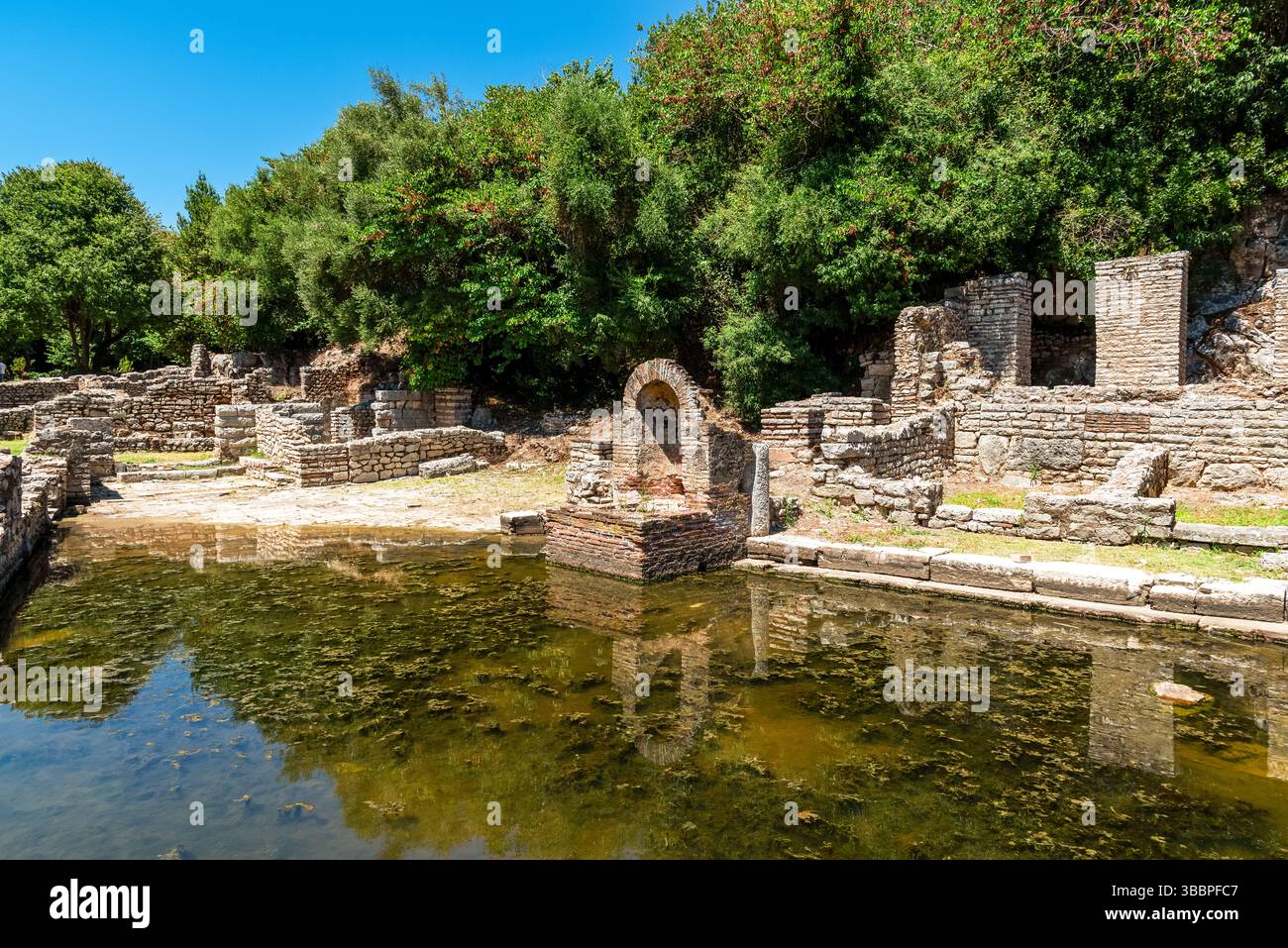 Ruinen des sonnendurchfluteten römischen Badehauses im Butrint-Nationalpark, Albanien, mit einem mit Algen beladenen reflektierenden Pool und einer grünen Waldkulisse Stockfoto