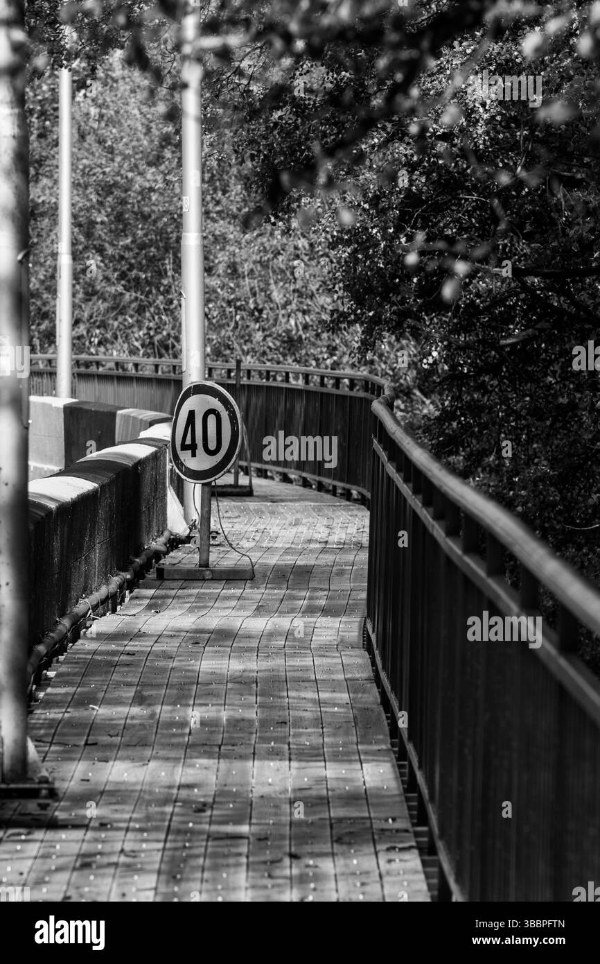 Überquerung der Fußgängerbrücke mit Geschwindigkeitsbegrenzungsschild. Einfarbige Farbtöne Stockfoto
