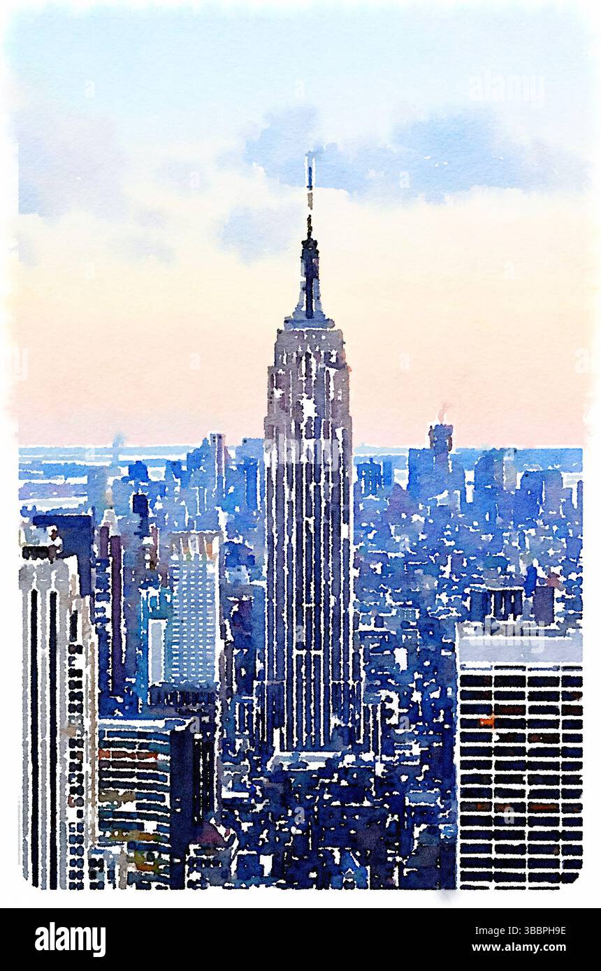New York/NY/USA – das Empire State Building dominiert die Skyline von Midtown Manhattan bei Sonnenuntergang in Aquarellmalerei Stockfoto