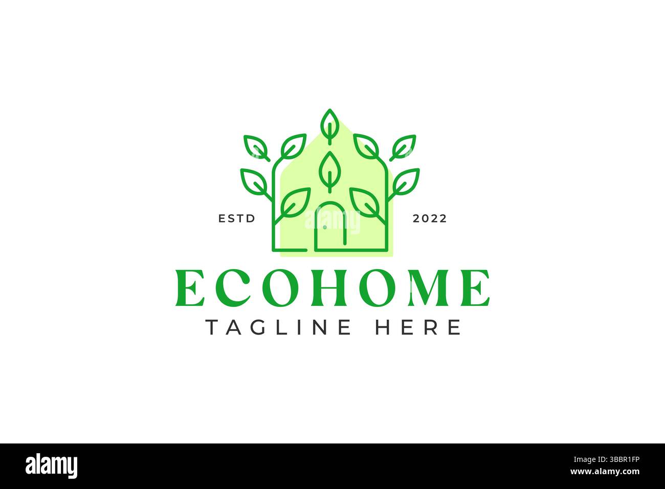 ECO Home Cottage Village Logo mit grünem Blatt und Türform für Business Environment Property Healthy Life Style Konzept. Stock Vektor